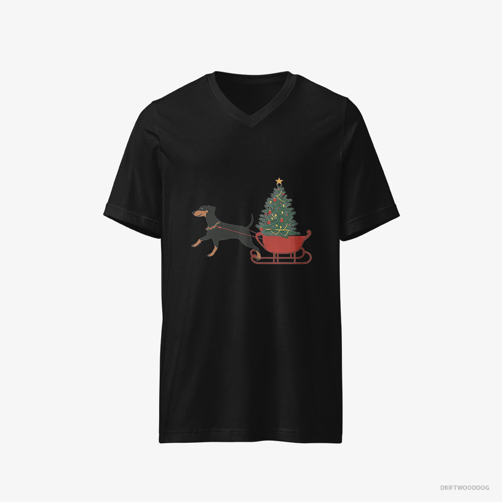 Dobermann T-Shirt – Men Black T-Shirt V-Neck – Dragging a Tree on a Sled (on White Background)