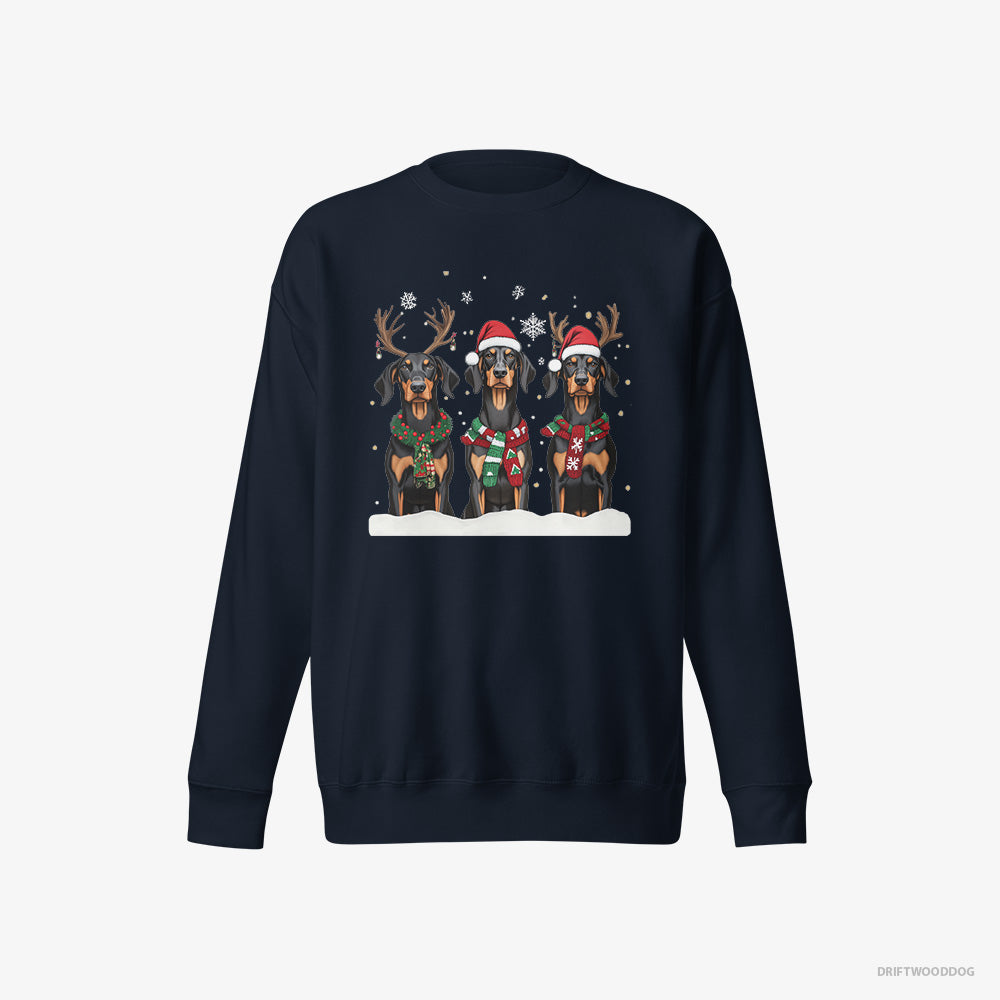 Dobermann Sweatshirt – Men Navy Sweatshirt Eco-Friendly – Dogs in the Christmas Spirit (on White Background)