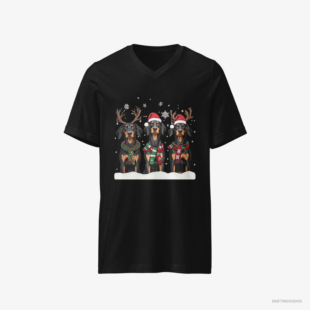 Dobermann T-Shirt – Men Black T-Shirt V-Neck – Dogs in the Christmas Spirit (on White Background)