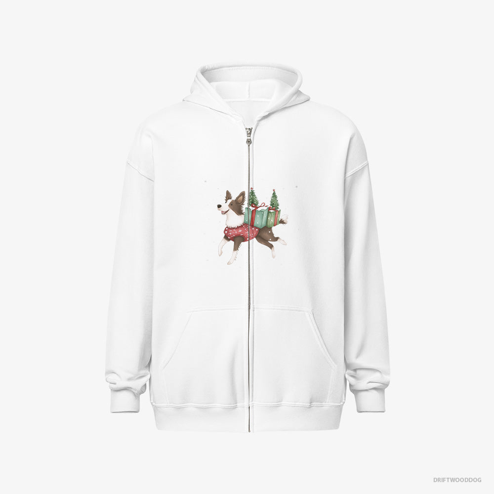 Border Collie Hoodie – Men White Hoodie Full-Zip – with Christmas Treats and Gifts (on White Background)