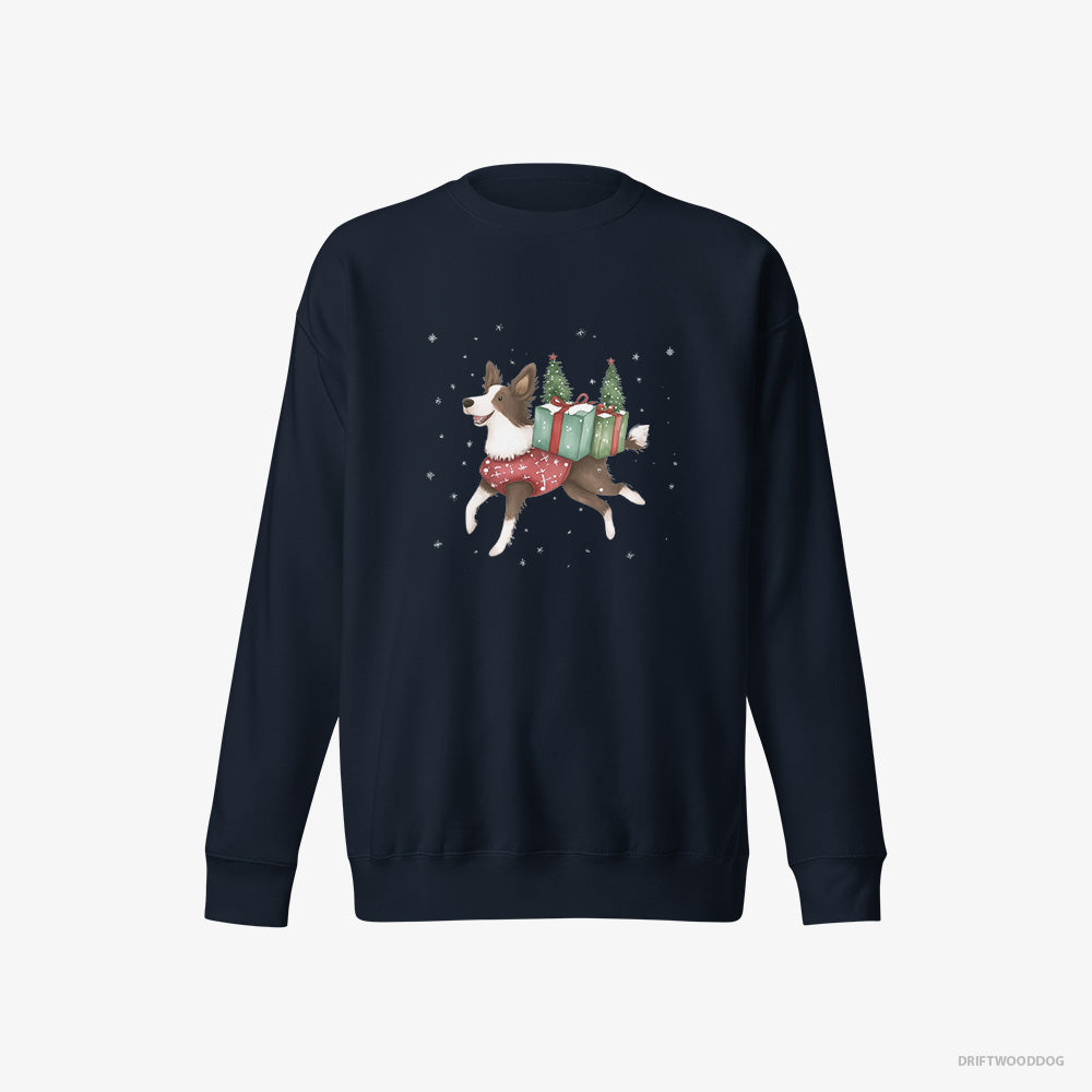 Border Collie Sweatshirt – Men Navy Sweatshirt Eco-Friendly – with Christmas Treats and Gifts (on White Background)