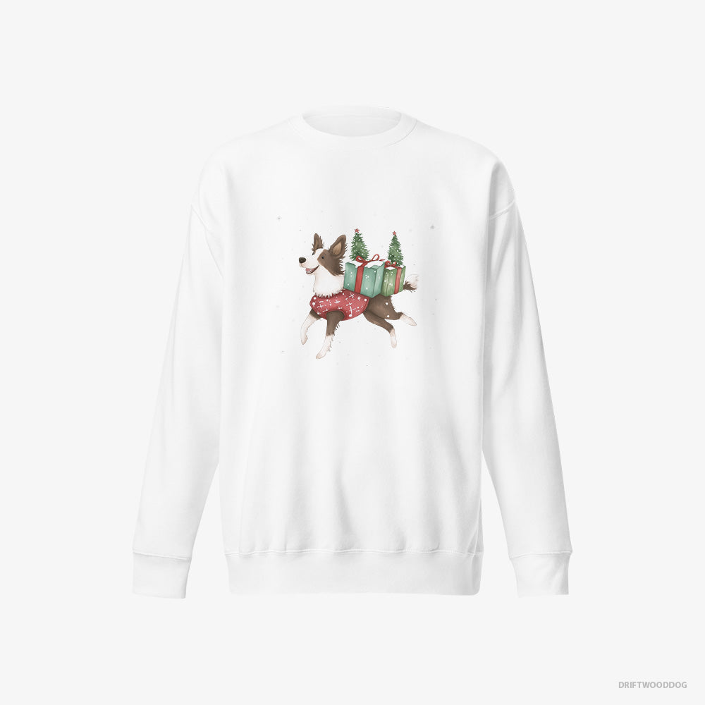 Border Collie Sweatshirt – Women White Sweatshirt Eco-Friendly – with Christmas Treats and Gifts (on White Background)