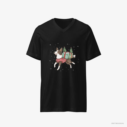 Border Collie T-Shirt – Men Black T-Shirt V-Neck – with Christmas Treats and Gifts (on White Background)