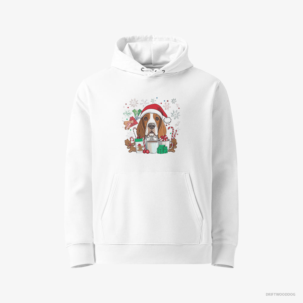 Basset Hound Hoodie – Women White Hoodie Eco-Friendly – Surrounded by Christmas Magic (on White Background)