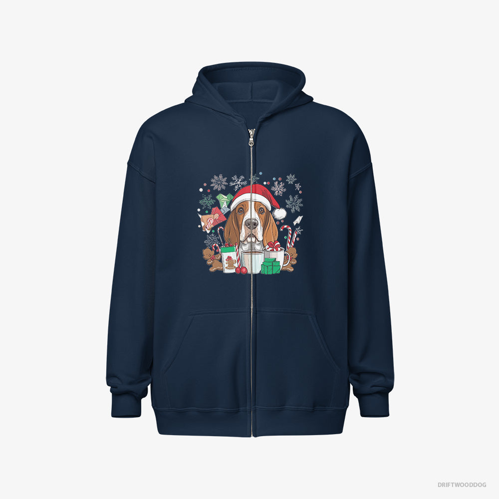 Basset Hound Hoodie – Men Navy Hoodie Full-Zip – Surrounded by Christmas Magic (on White Background)