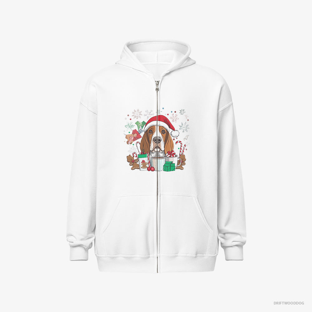 Basset Hound Hoodie – Men White Hoodie Full-Zip – Surrounded by Christmas Magic (on White Background)