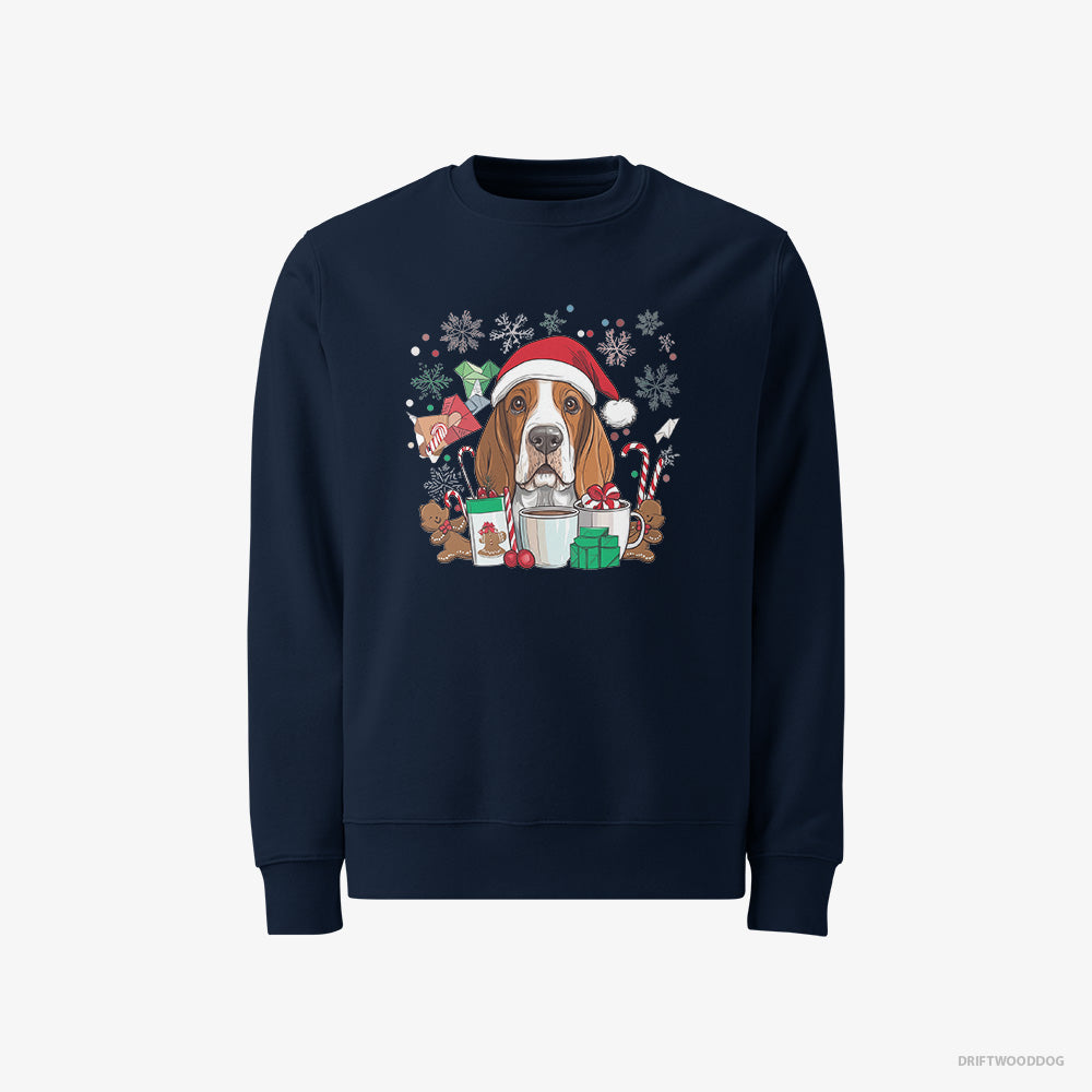 Basset Hound Sweatshirt – Men Navy Sweatshirt Classic – Surrounded by Christmas Magic (on White Background)