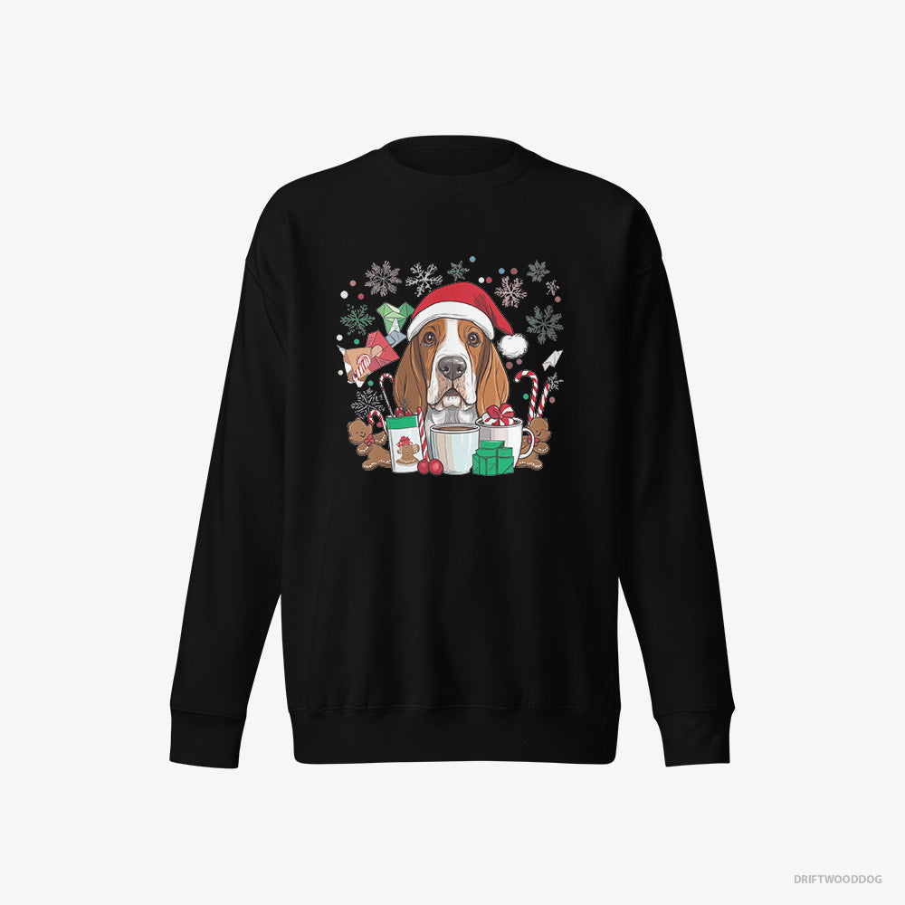 Basset Hound Sweatshirt – Women Black Sweatshirt Eco-Friendly – Surrounded by Christmas Magic (on White Background)