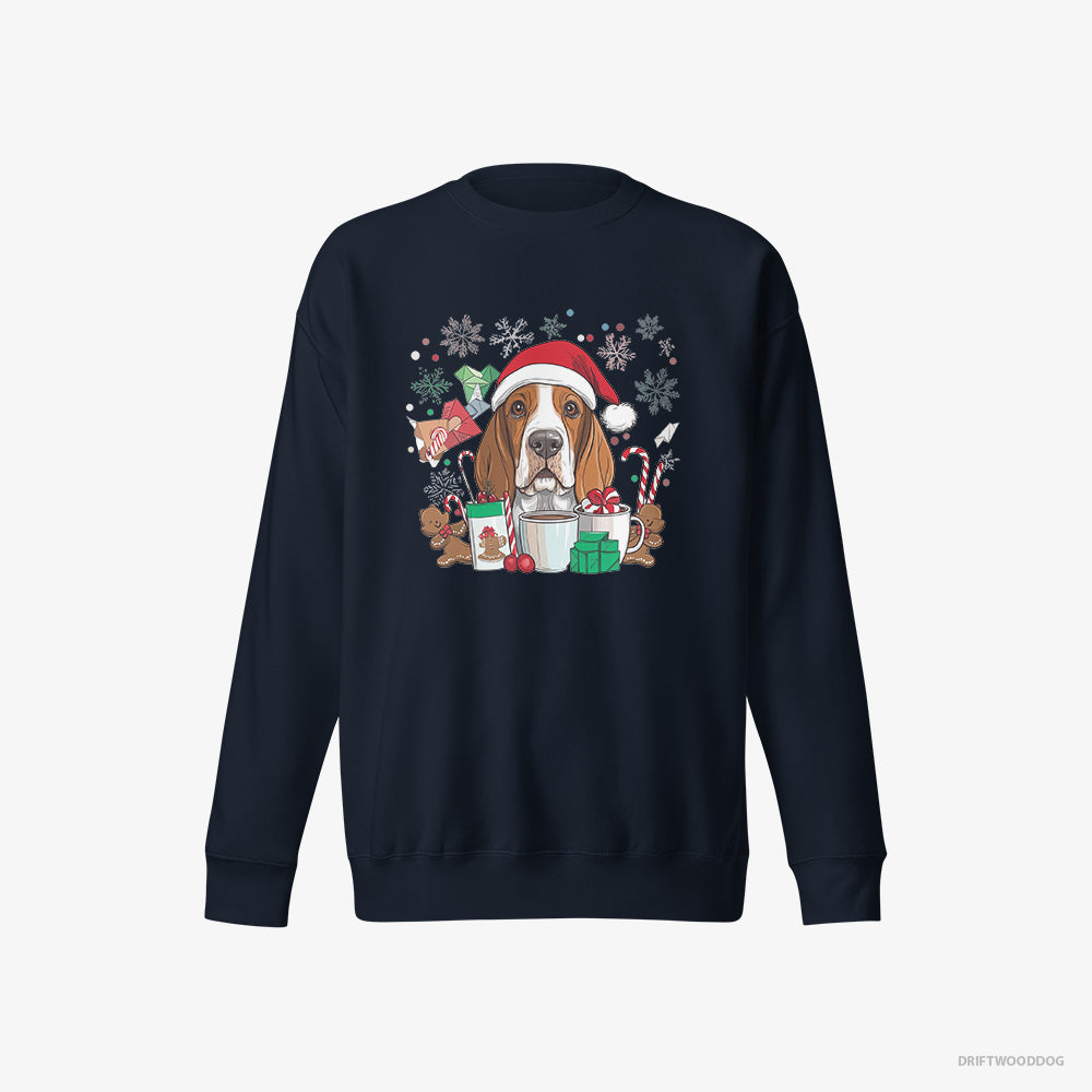 Basset Hound Sweatshirt – Men Navy Sweatshirt Eco-Friendly – Surrounded by Christmas Magic (on White Background)