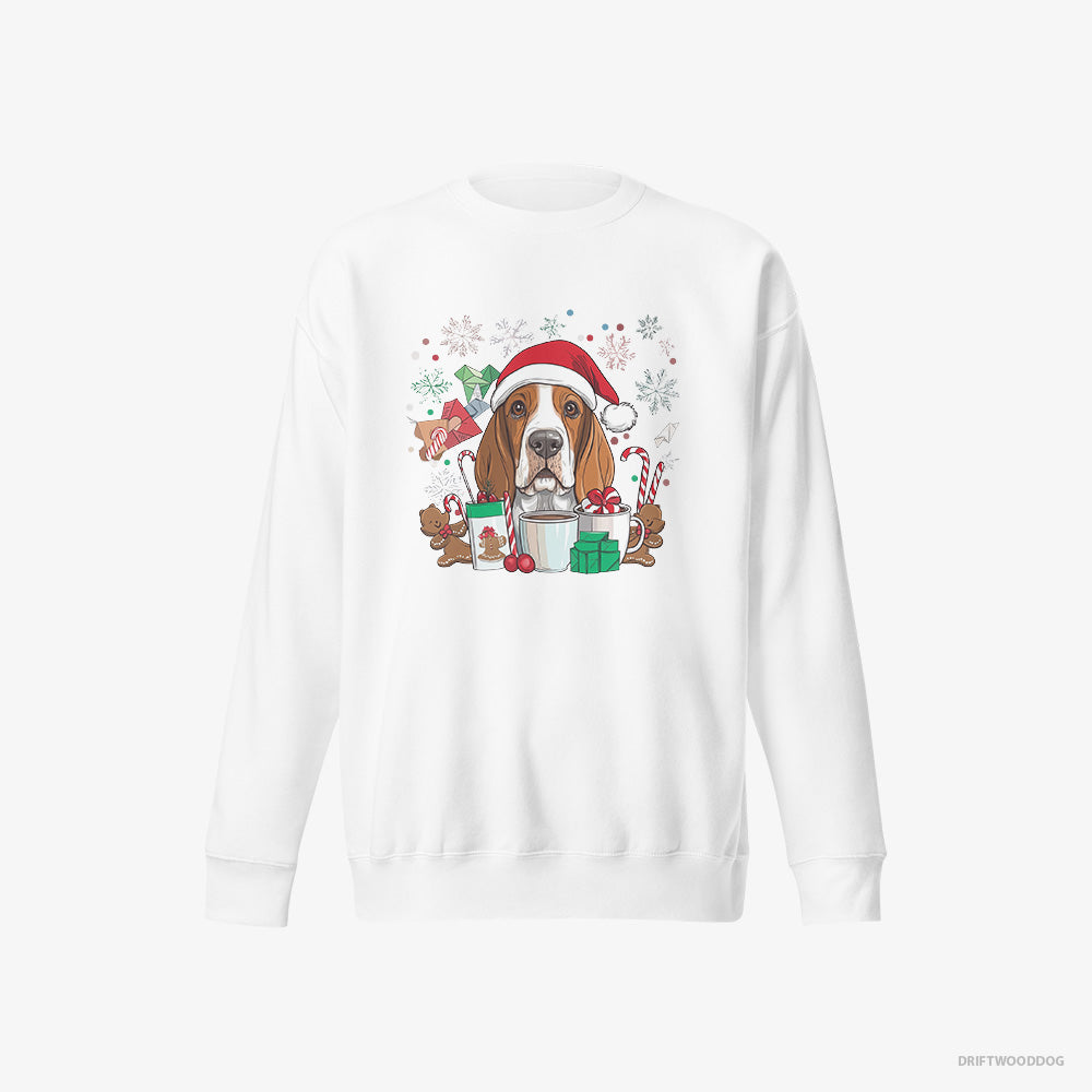 Basset Hound Sweatshirt – Men White Sweatshirt Eco-Friendly – Surrounded by Christmas Magic (on White Background)