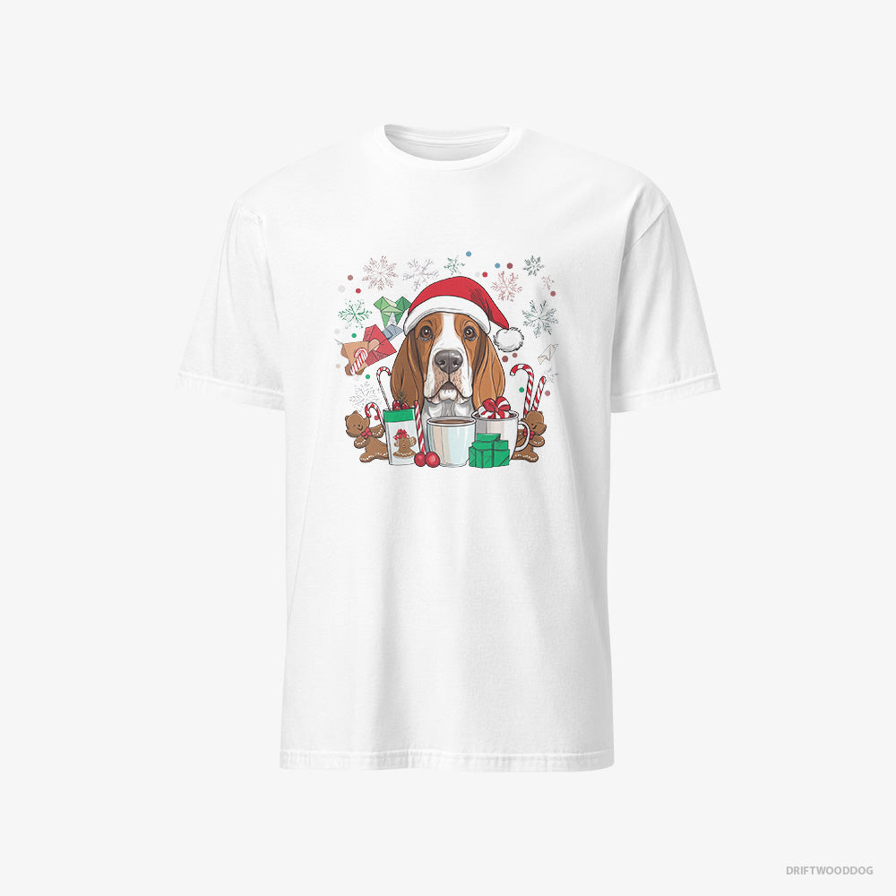 Basset Hound T-Shirt – Women White T-Shirt Classic – Surrounded by Christmas Magic (on White Background)