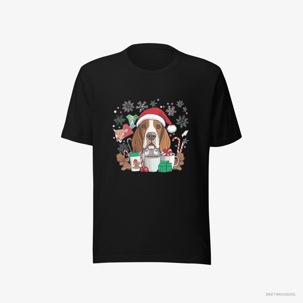 Basset Hound T-Shirt – Men Black T-Shirt Eco-Friendly – Surrounded by Christmas Magic (on White Background)