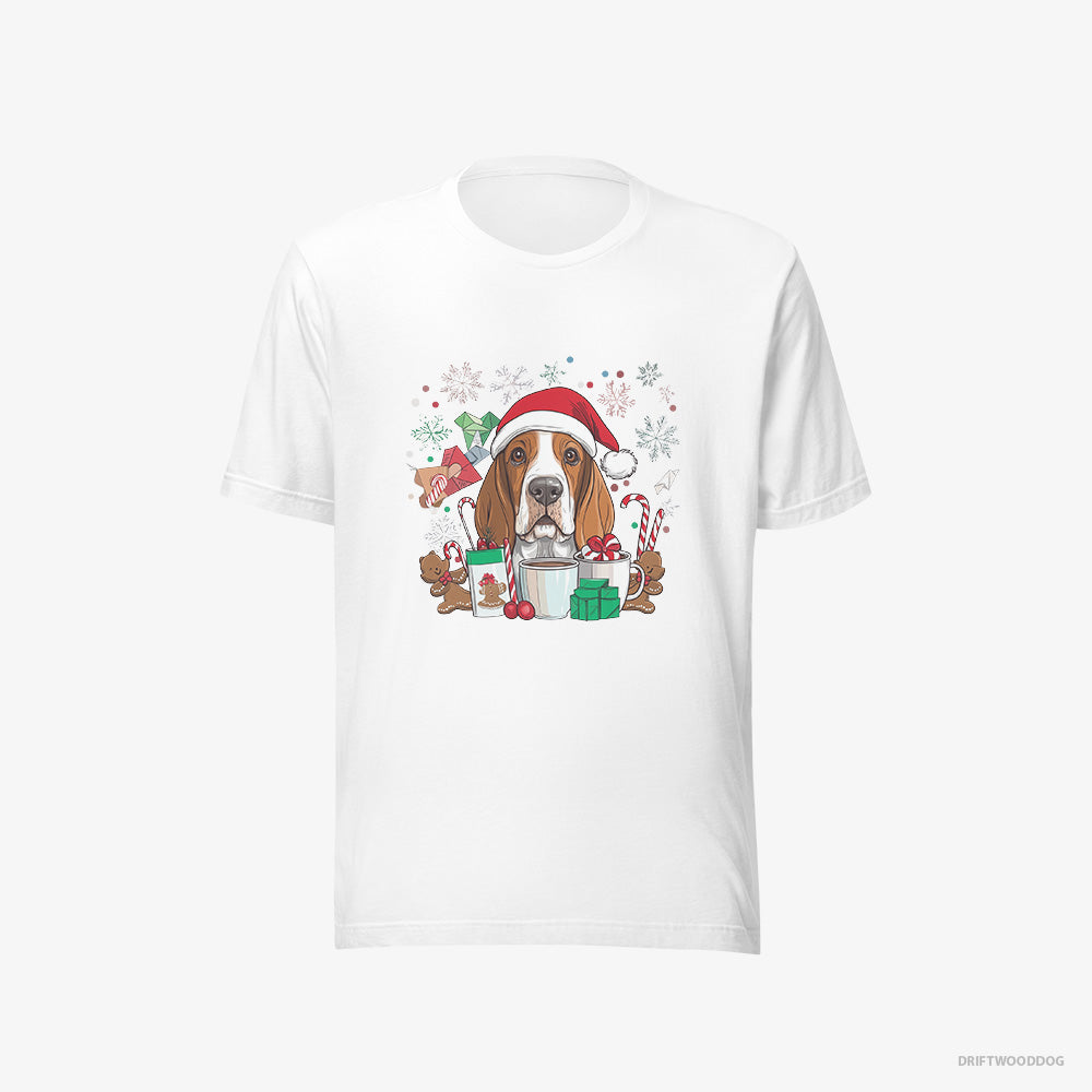 Basset Hound T-Shirt – Men White T-Shirt Eco-Friendly – Surrounded by Christmas Magic (on White Background)