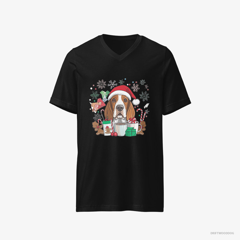 Basset Hound T-Shirt – Men Black T-Shirt V-Neck – Surrounded by Christmas Magic (on White Background)