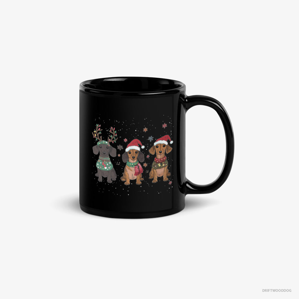 Dachshund Mug – Unisex Black Mug Classic – Puppies Christmas-Themed (on White Background)