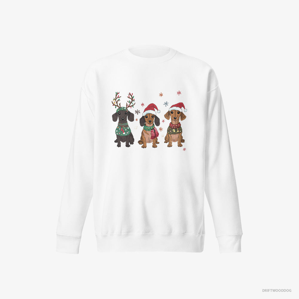 Dachshund Sweatshirt – Women White Sweatshirt Eco-Friendly – Puppies Christmas-Themed (on White Background)