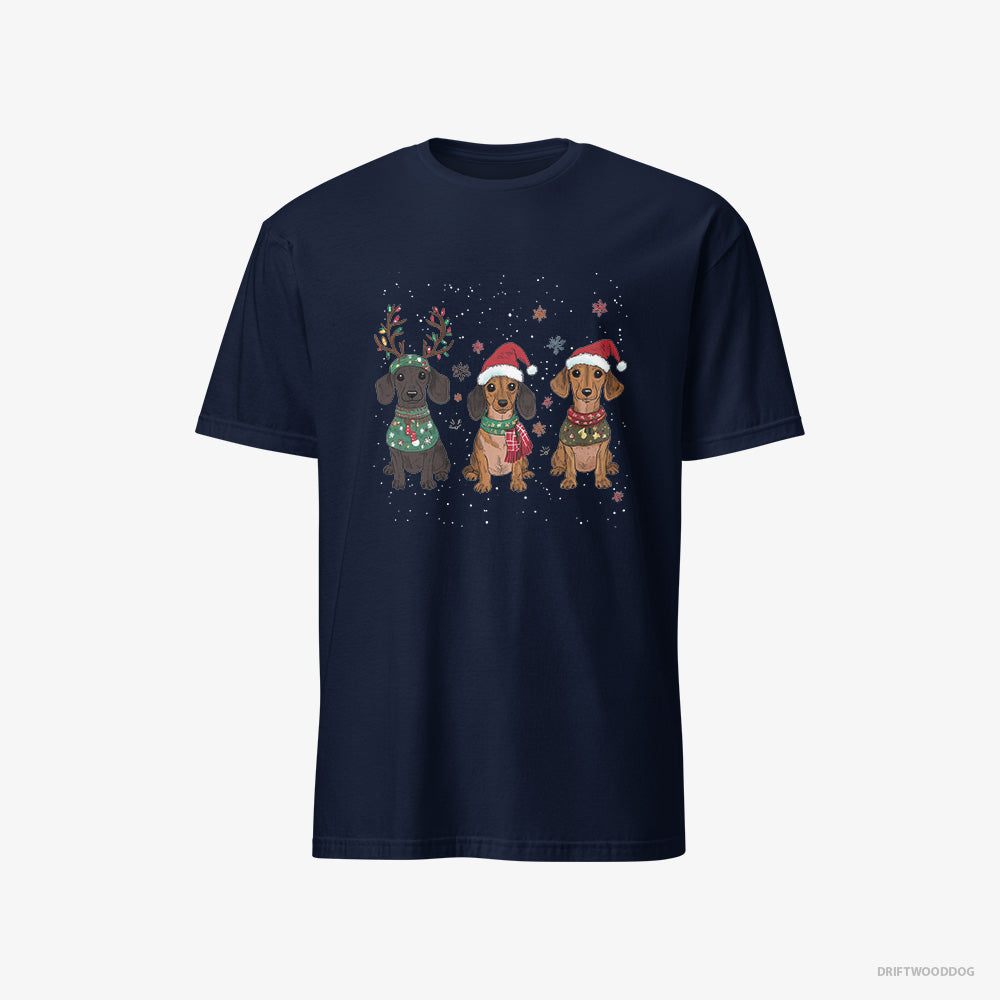 Dachshund T-Shirt – Women Navy T-Shirt Classic – Puppies Christmas-Themed (on White Background)