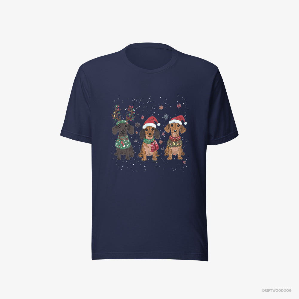 Dachshund T-Shirt – Women Navy T-Shirt Eco-Friendly – Puppies Christmas-Themed (on White Background)