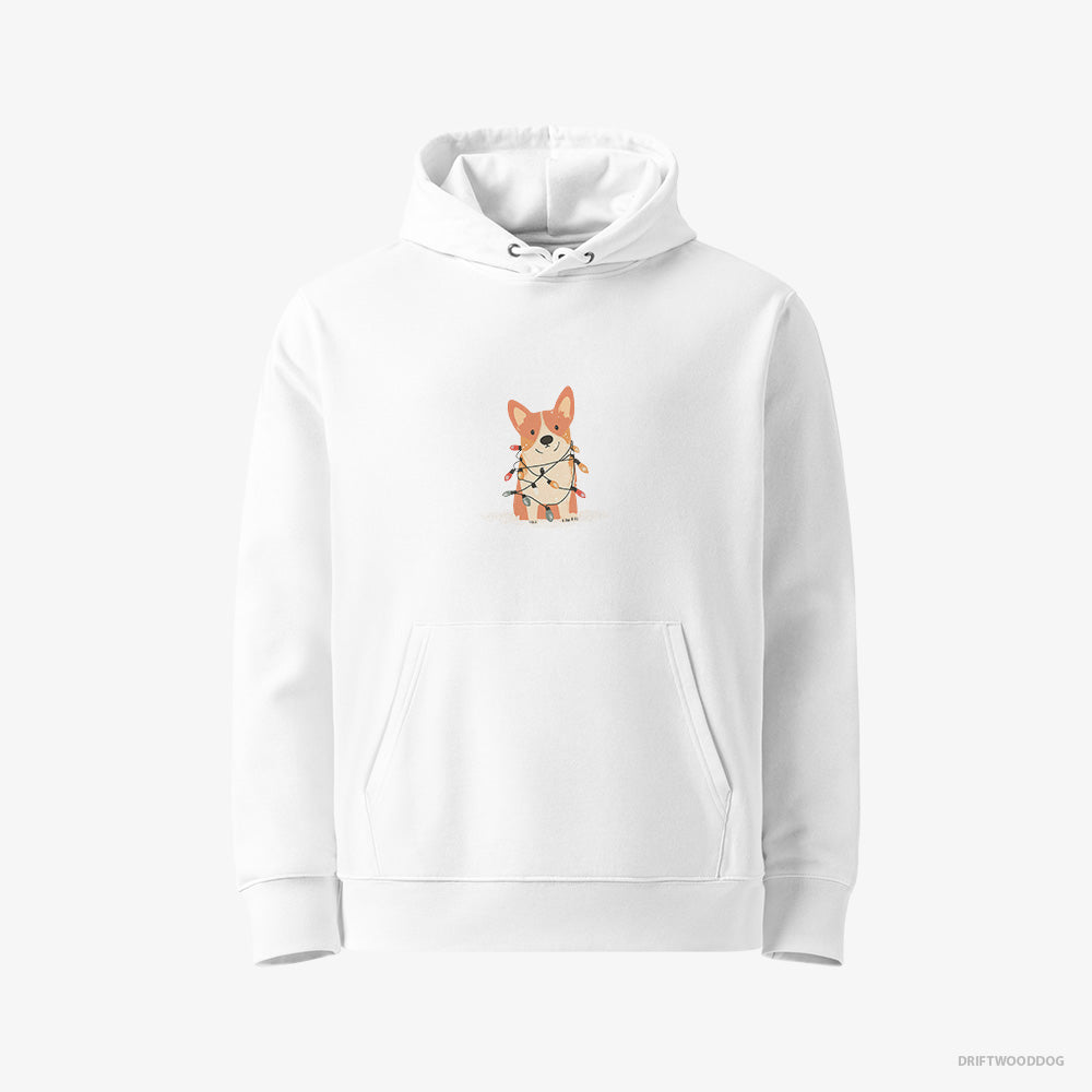 Corgi Hoodie – Women White Hoodie Eco-Friendly – Wrapped Up in Christmas Garland (on White Background)