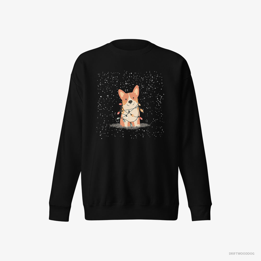 Corgi Sweatshirt – Men Black Sweatshirt Eco-Friendly – Wrapped Up in Christmas Garland (on White Background)