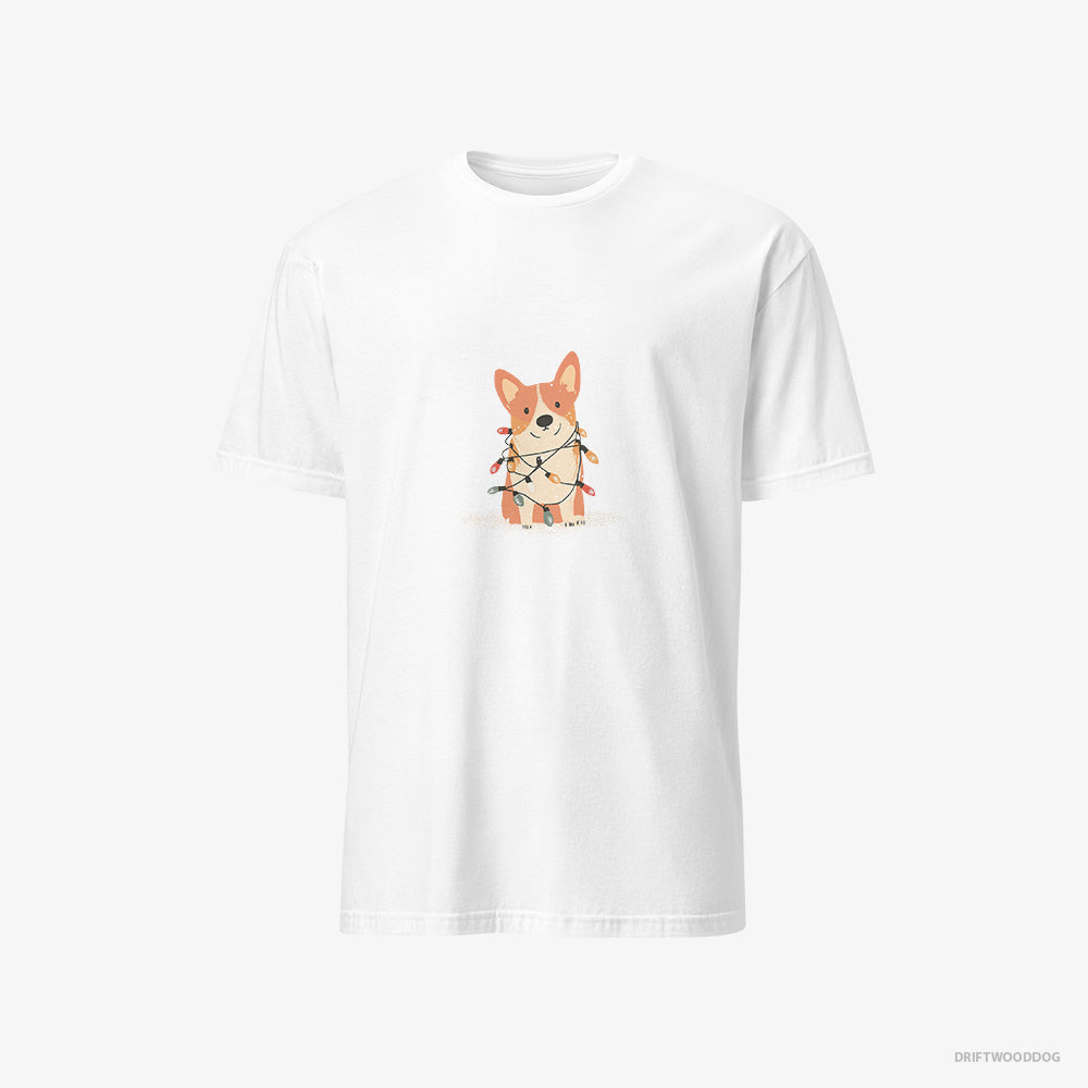 Corgi T-Shirt – Men White T-Shirt Classic – Wrapped Up in Christmas Garland (on White Background)