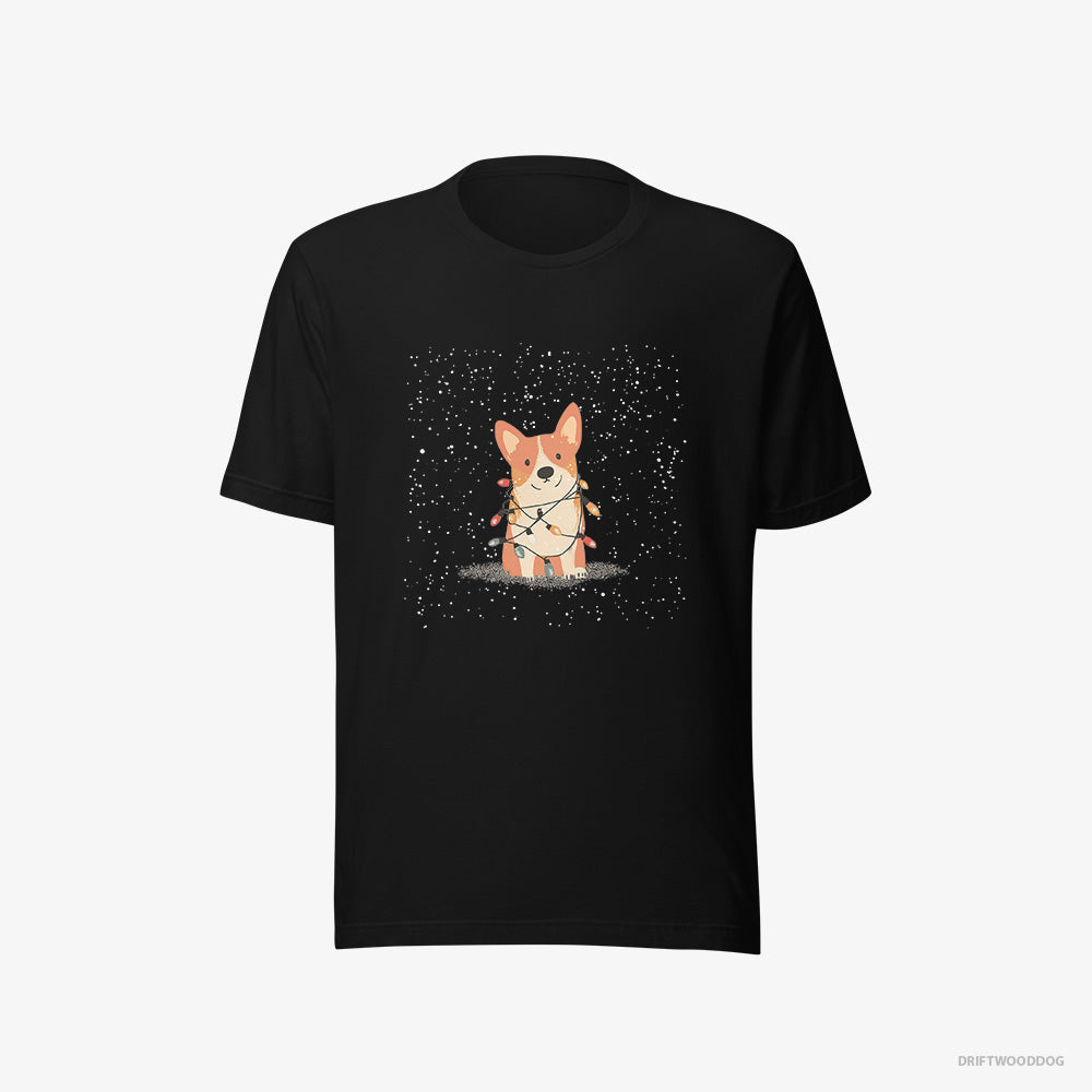 Corgi T-Shirt – Men Black T-Shirt Eco-Friendly – Wrapped Up in Christmas Garland (on White Background)