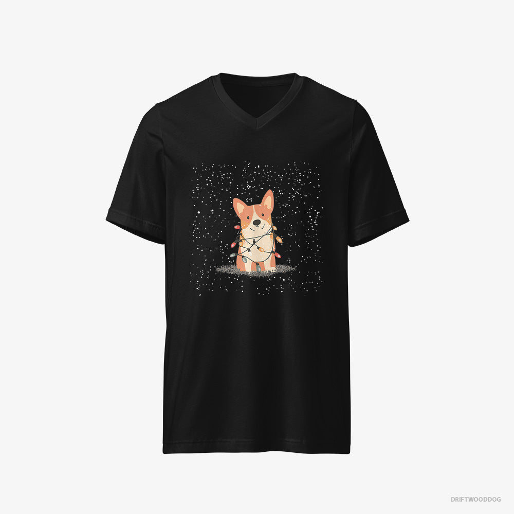 Corgi T-Shirt – Men Black T-Shirt V-Neck – Wrapped Up in Christmas Garland (on White Background)