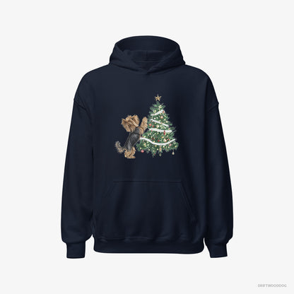 Yorkshire Terrier Decorating the Christmas Tree Navy Hoodie