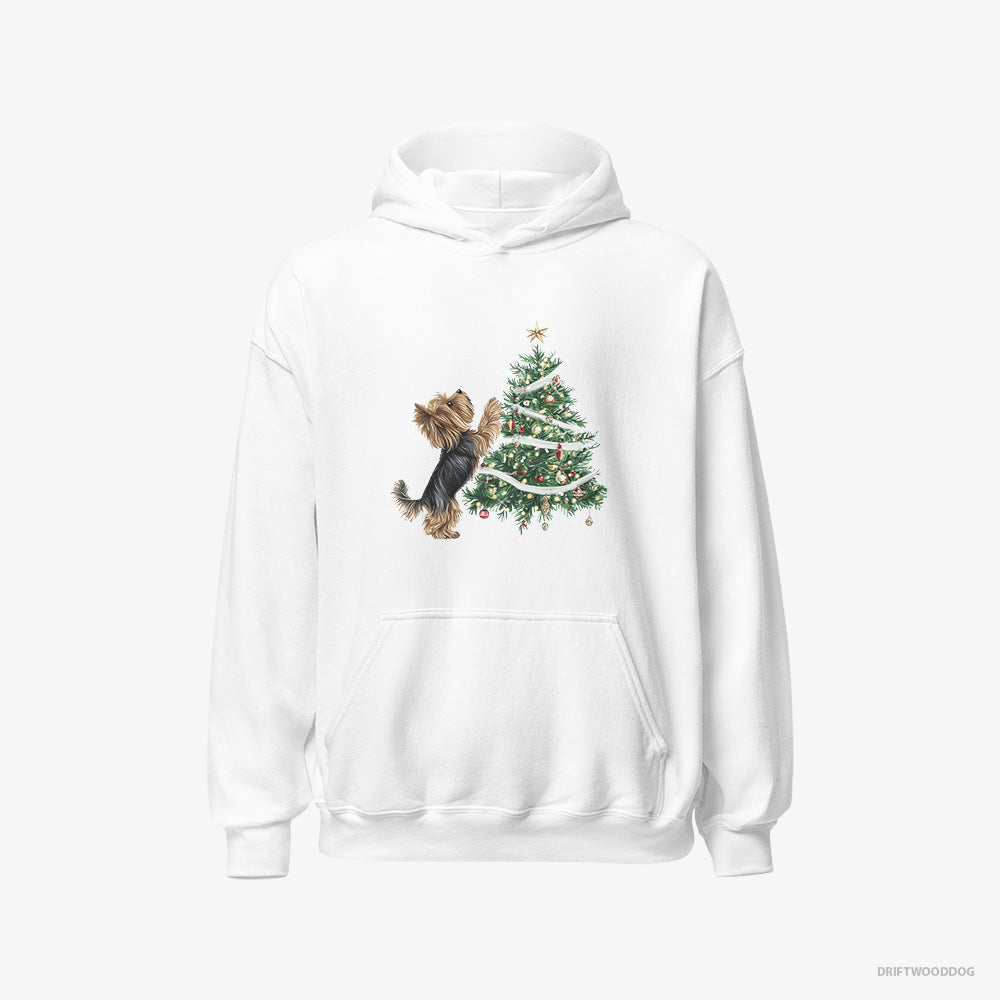 Yorkshire Terrier Hoodie – Men White Hoodie Classic – Decorating the Christmas Tree (on White Background)