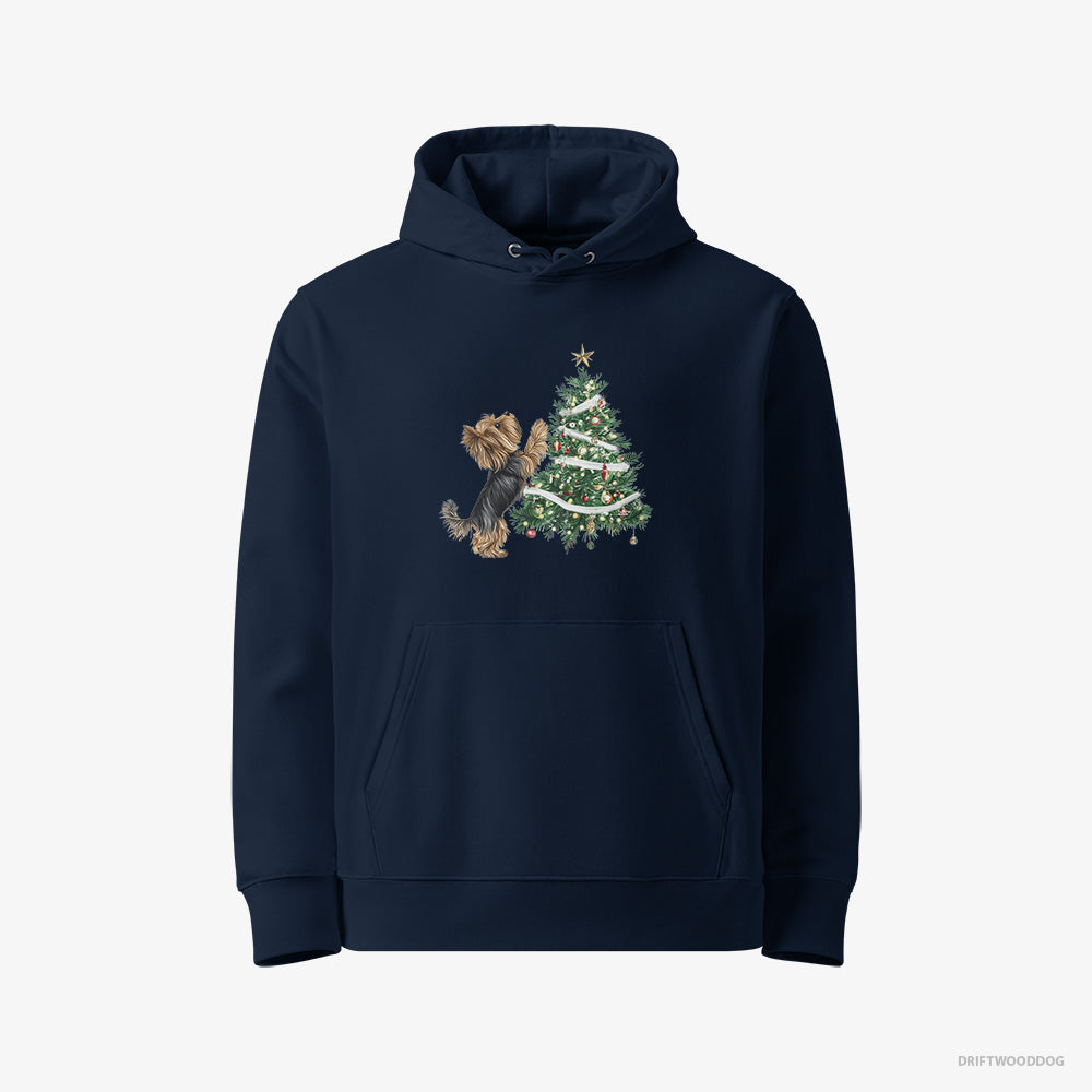 Yorkshire Terrier Hoodie – Women Navy Hoodie Eco-Friendly – Decorating the Christmas Tree (on White Background)