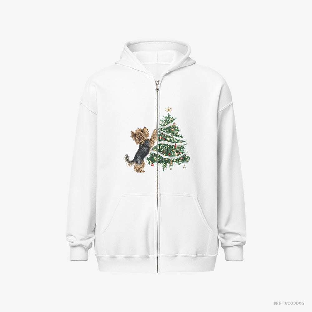 Yorkshire Terrier Hoodie – Men White Hoodie Full-Zip – Decorating the Christmas Tree (on White Background)