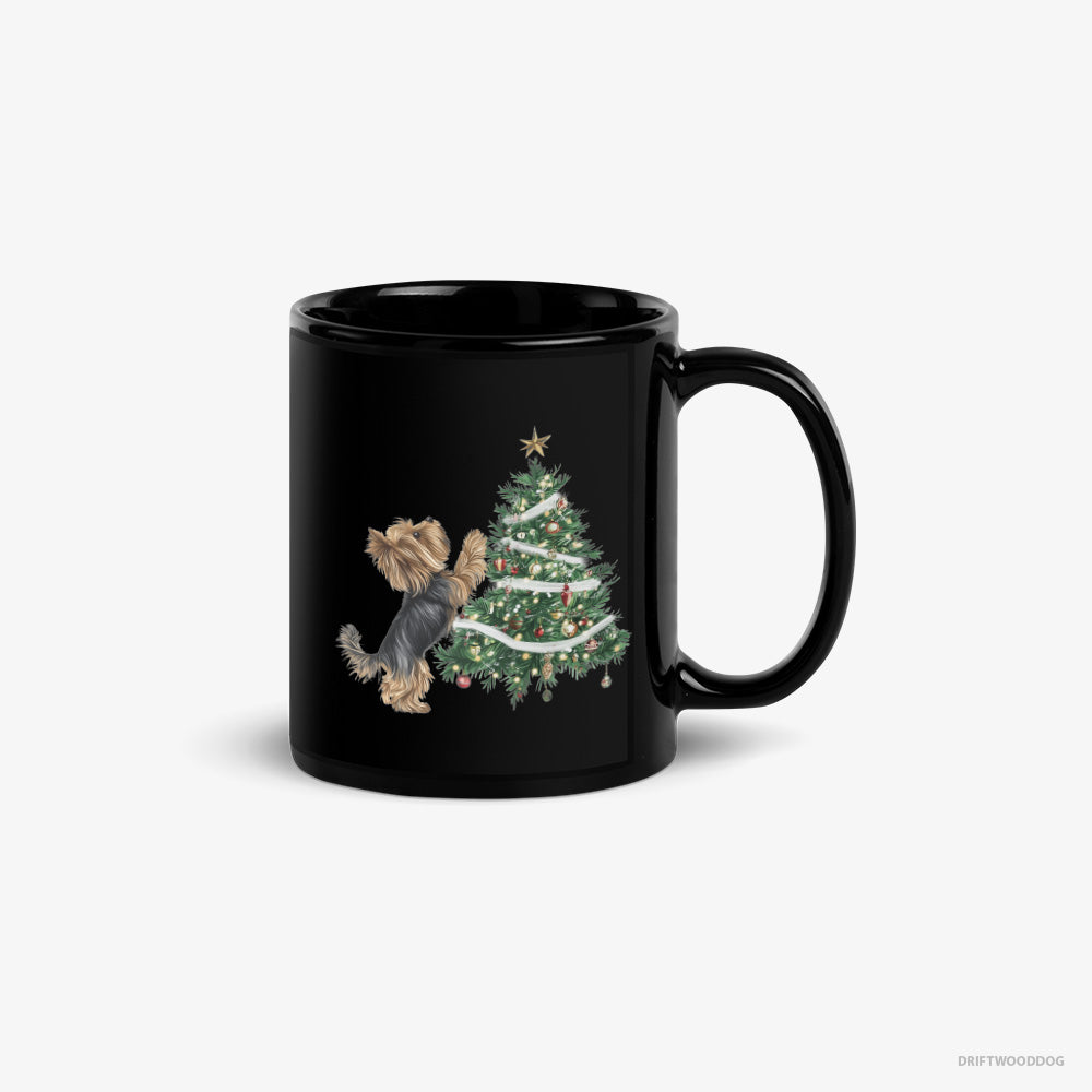 Yorkshire Terrier Mug – Unisex Black Mug Classic – Decorating the Christmas Tree (on White Background)