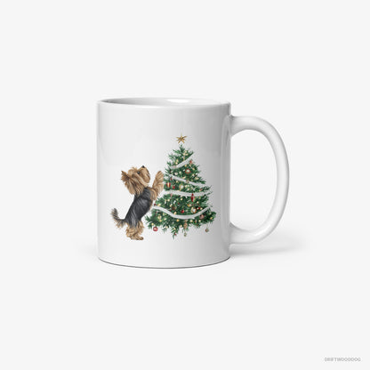 Yorkshire Terrier Decorating the Christmas Tree White Mug