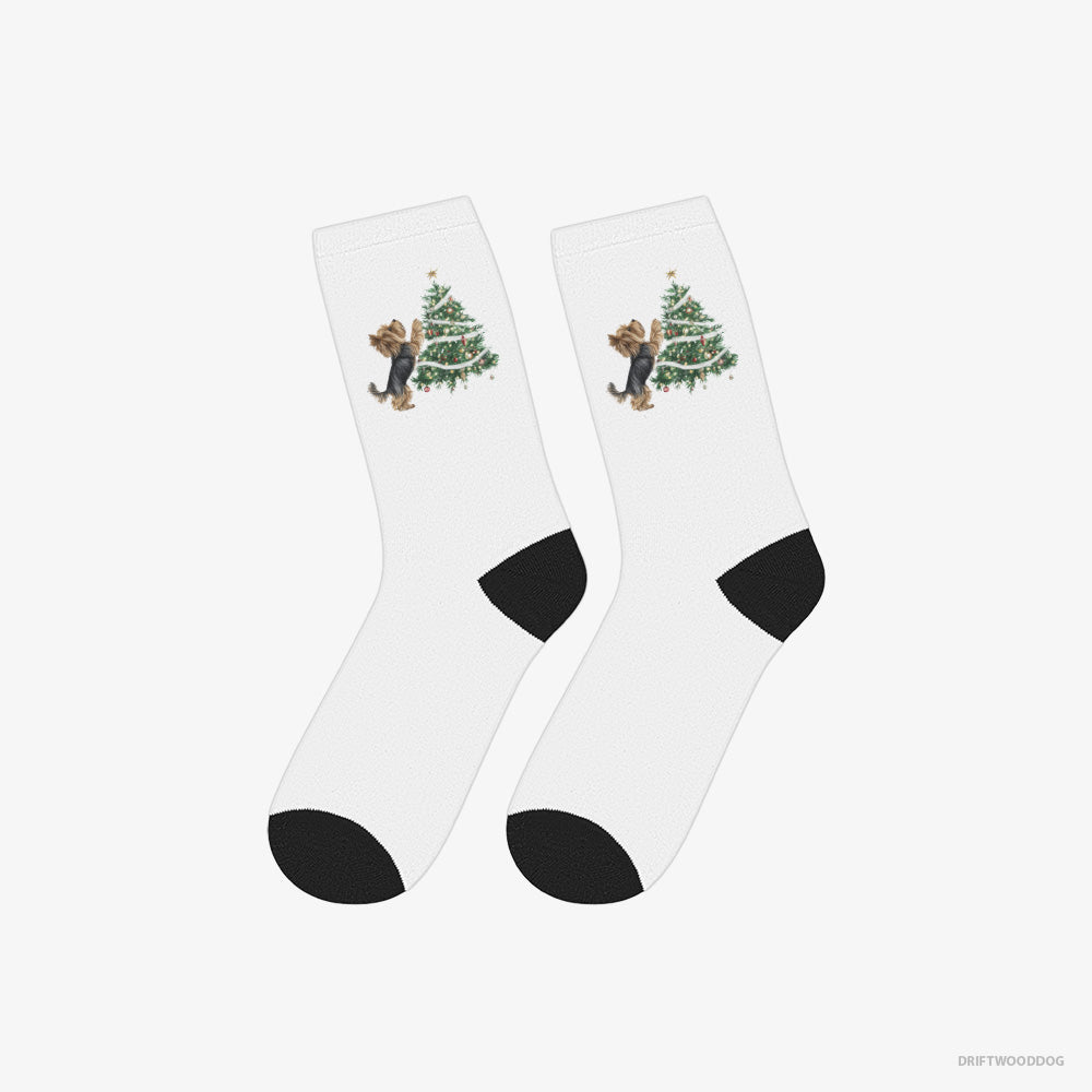 Yorkshire Terrier Socks – Unisex White Socks Classic – Decorating the Christmas Tree (on White Background)