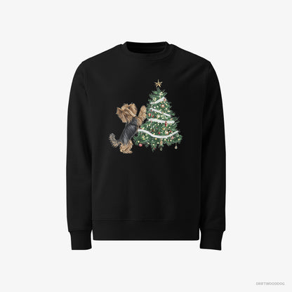 Yorkshire Terrier Sweatshirt – Women Black Sweatshirt Classic – Decorating the Christmas Tree (on White Background)