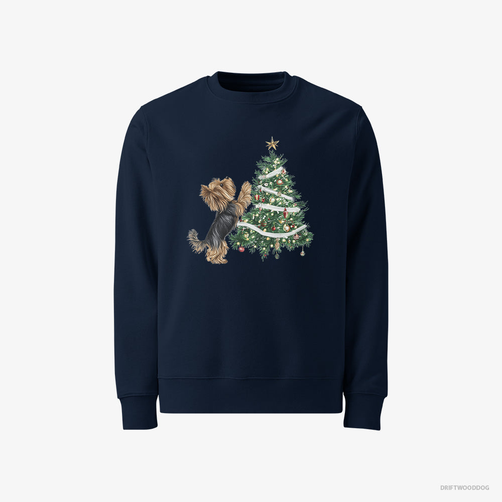 Yorkshire Terrier Sweatshirt – Women Navy Sweatshirt Classic – Decorating the Christmas Tree (on White Background)