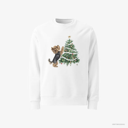 Yorkshire Terrier Decorating the Christmas Tree White Sweatshirt