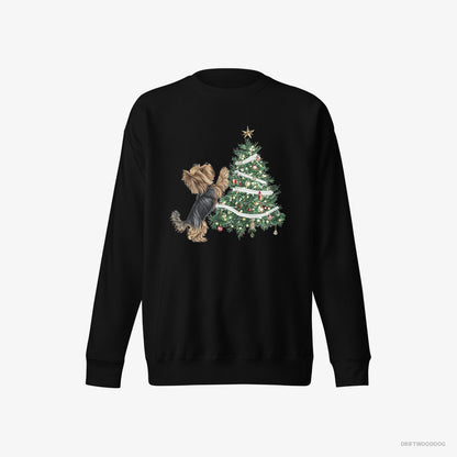 Yorkshire Terrier Sweatshirt – Men Black Sweatshirt Eco-Friendly – Decorating the Christmas Tree (on White Background)