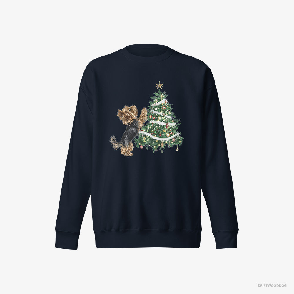 Yorkshire Terrier Sweatshirt – Women Navy Sweatshirt Eco-Friendly – Decorating the Christmas Tree (on White Background)