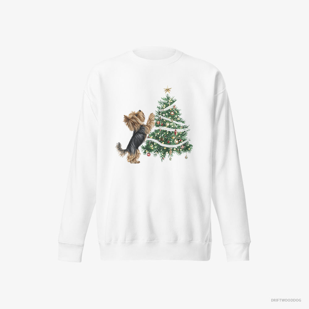 Yorkshire Terrier Sweatshirt – Women White Sweatshirt Eco-Friendly – Decorating the Christmas Tree (on White Background)