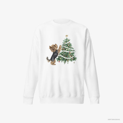 Yorkshire Terrier Decorating the Christmas Tree White Sweatshirt