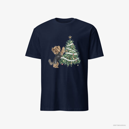 Yorkshire Terrier Decorating the Christmas Tree Navy T-Shirt