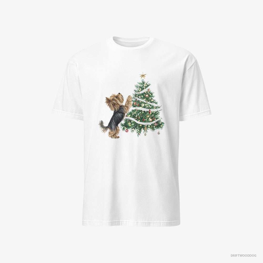 Yorkshire Terrier T-Shirt – Women White T-Shirt Classic – Decorating the Christmas Tree (on White Background)