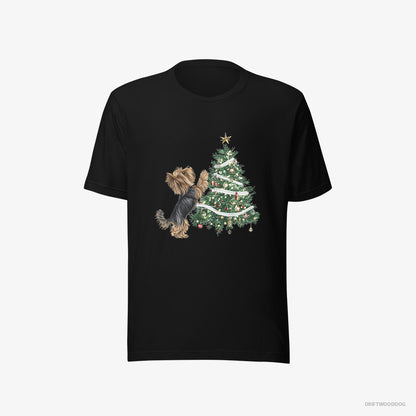 Yorkshire Terrier T-Shirt – Women Black T-Shirt Eco-Friendly – Decorating the Christmas Tree (on White Background)