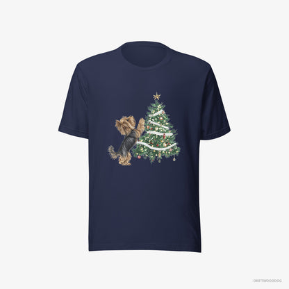 Yorkshire Terrier Decorating the Christmas Tree Navy T-Shirt