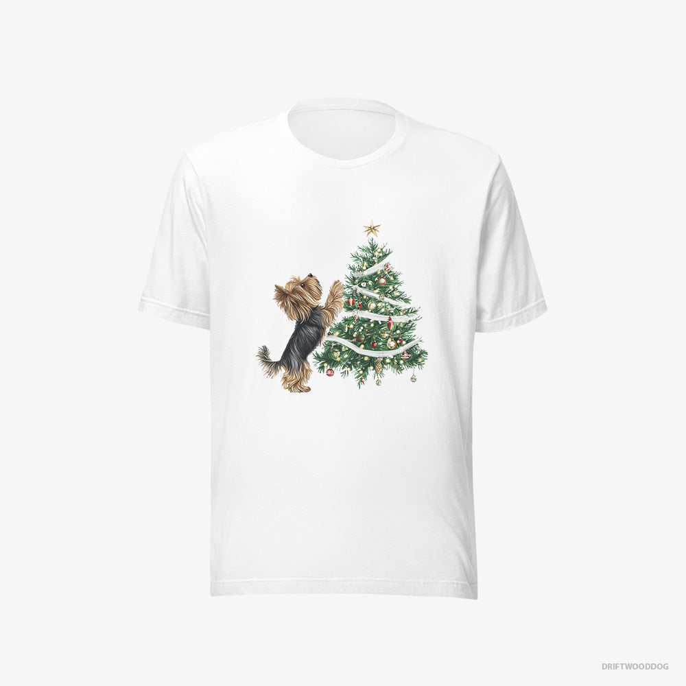 Yorkshire Terrier T-Shirt – Women White T-Shirt Eco-Friendly – Decorating the Christmas Tree (on White Background)