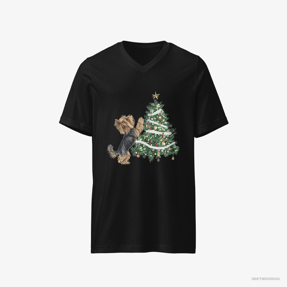 Yorkshire Terrier T-Shirt – Men Black T-Shirt V-Neck – Decorating the Christmas Tree (on White Background)