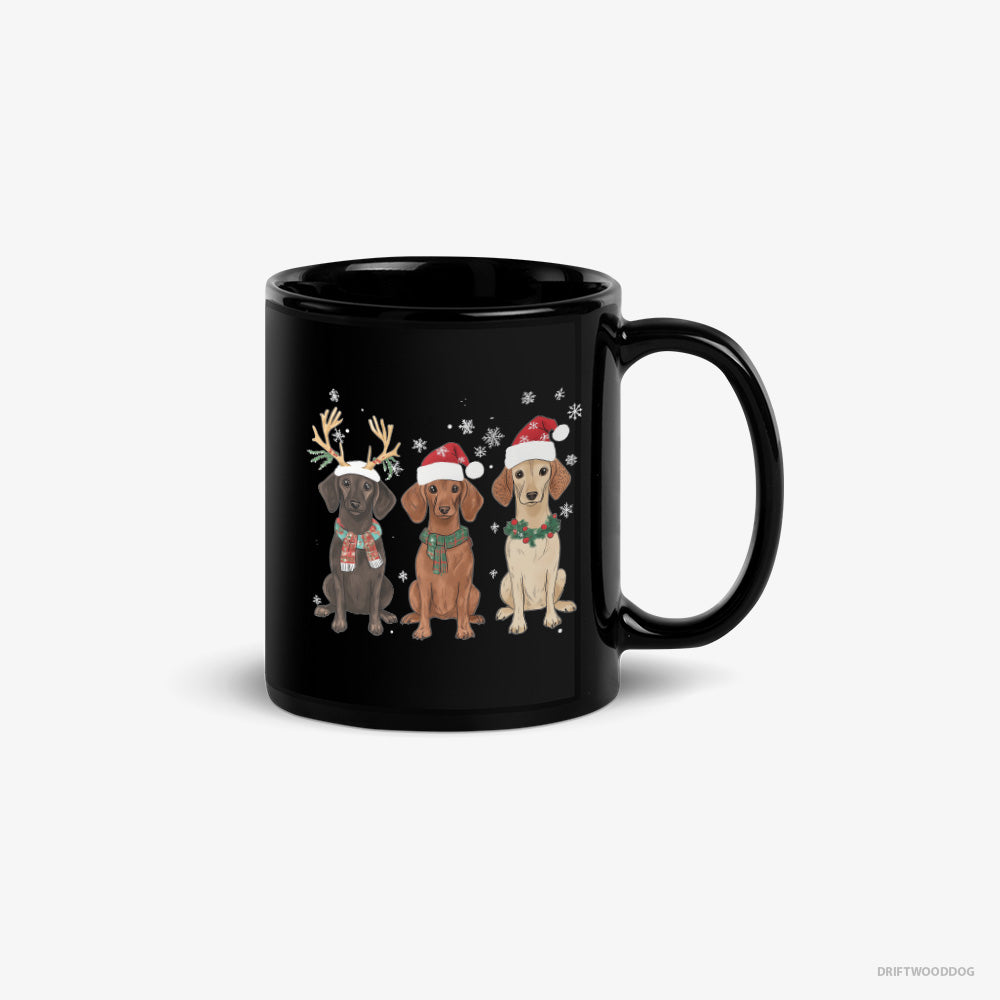 Dachshund Mug – Unisex Black Mug Classic – Dogs Enjoying the Christmas (on White Background)