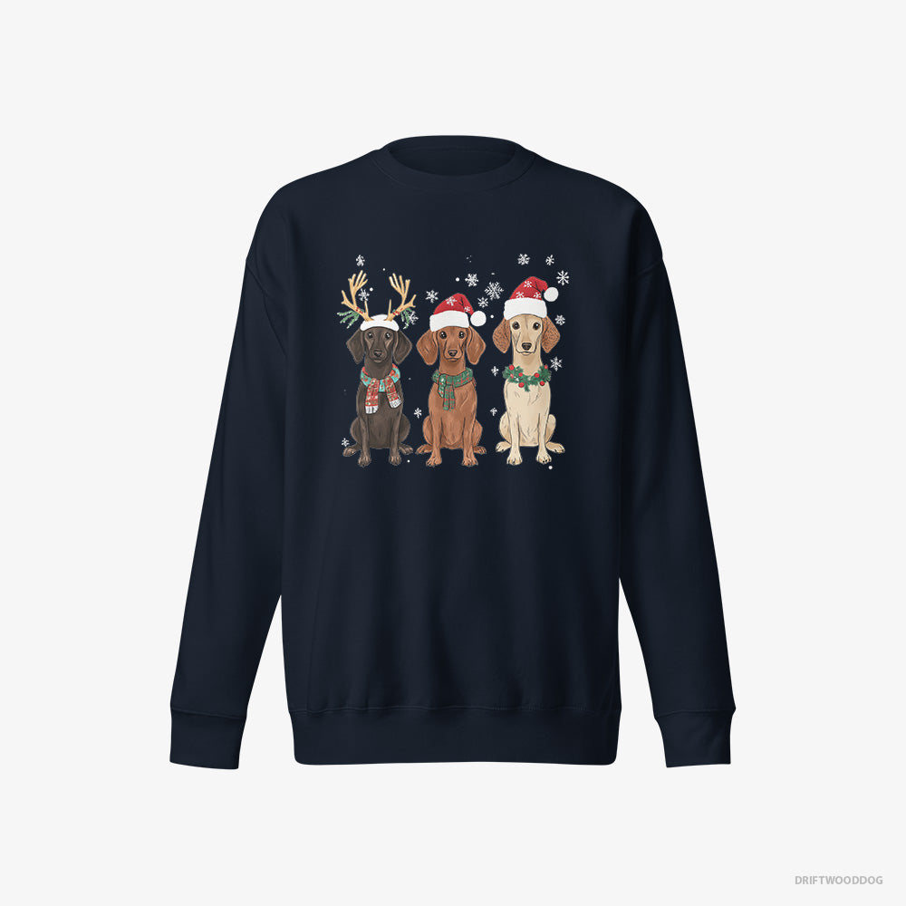 Dachshund Sweatshirt – Women Navy Sweatshirt Eco-Friendly – Dogs Enjoying the Christmas (on White Background)