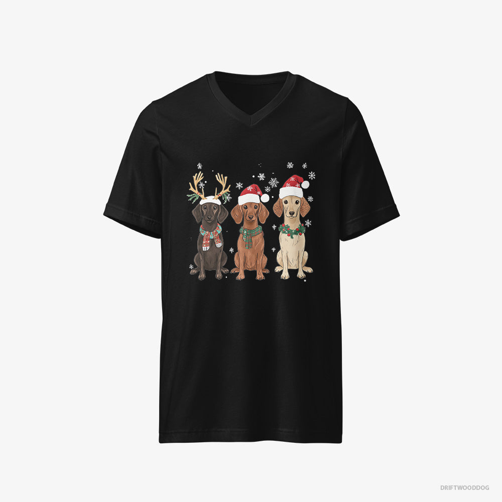 Dachshund T-Shirt – Men Black T-Shirt V-Neck – Dogs Enjoying the Christmas (on White Background)